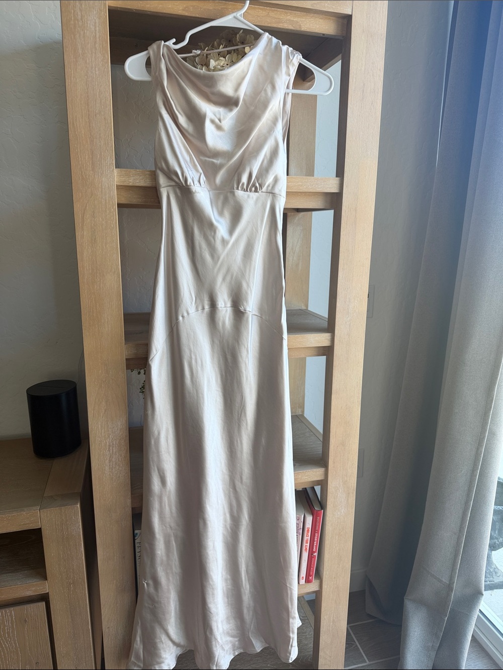 Satin Cowl-Neck Maxi Dress in Light Beige